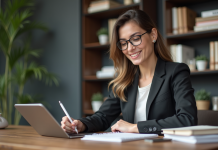 Répartition efficace du temps : comment s’y prendre efficacement ? Femme en bureau moderne prenant des notes avec un planner