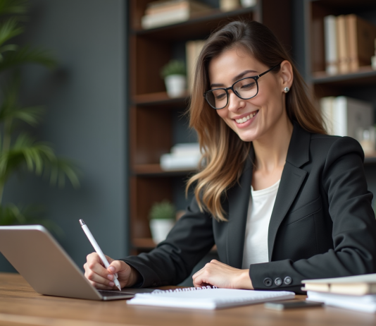 Répartition efficace du temps : comment s’y prendre efficacement ? Femme en bureau moderne prenant des notes avec un planner