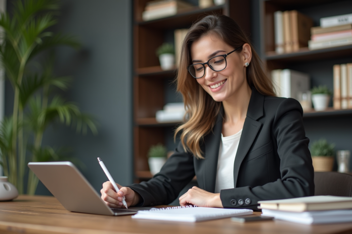 Femme en bureau moderne prenant des notes avec un planner