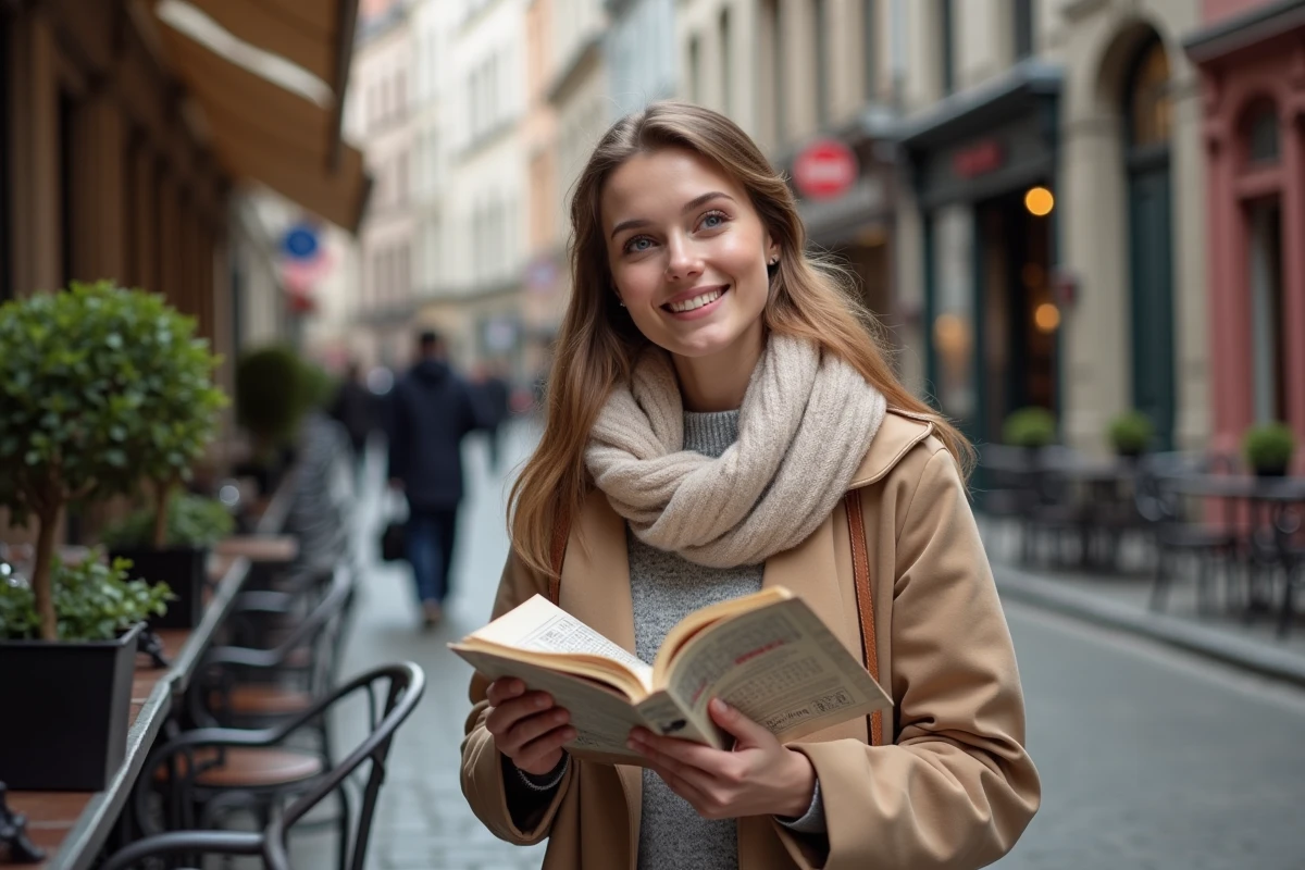Jeune femme souriante tenant un livre de mots croises dans une ville belge