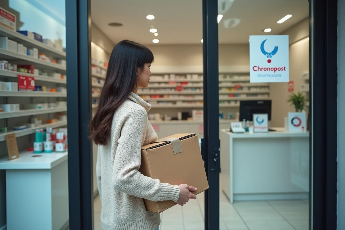 Jeune femme entrant dans une pharmacie relais Chronopost avec un colis sous le bras