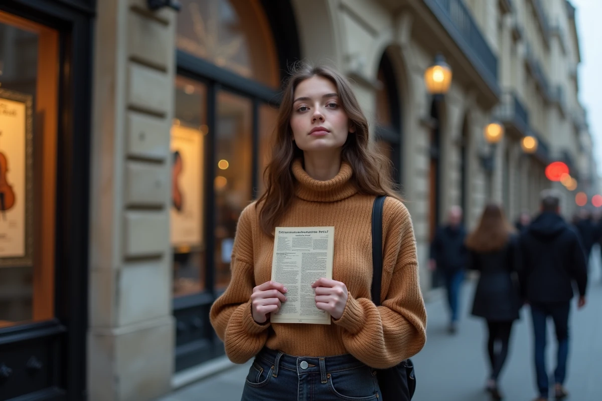 Jeune femme pensive devant une salle de concert parisienne tenant un programme musical, hommage à la chanson française de Michel Berger