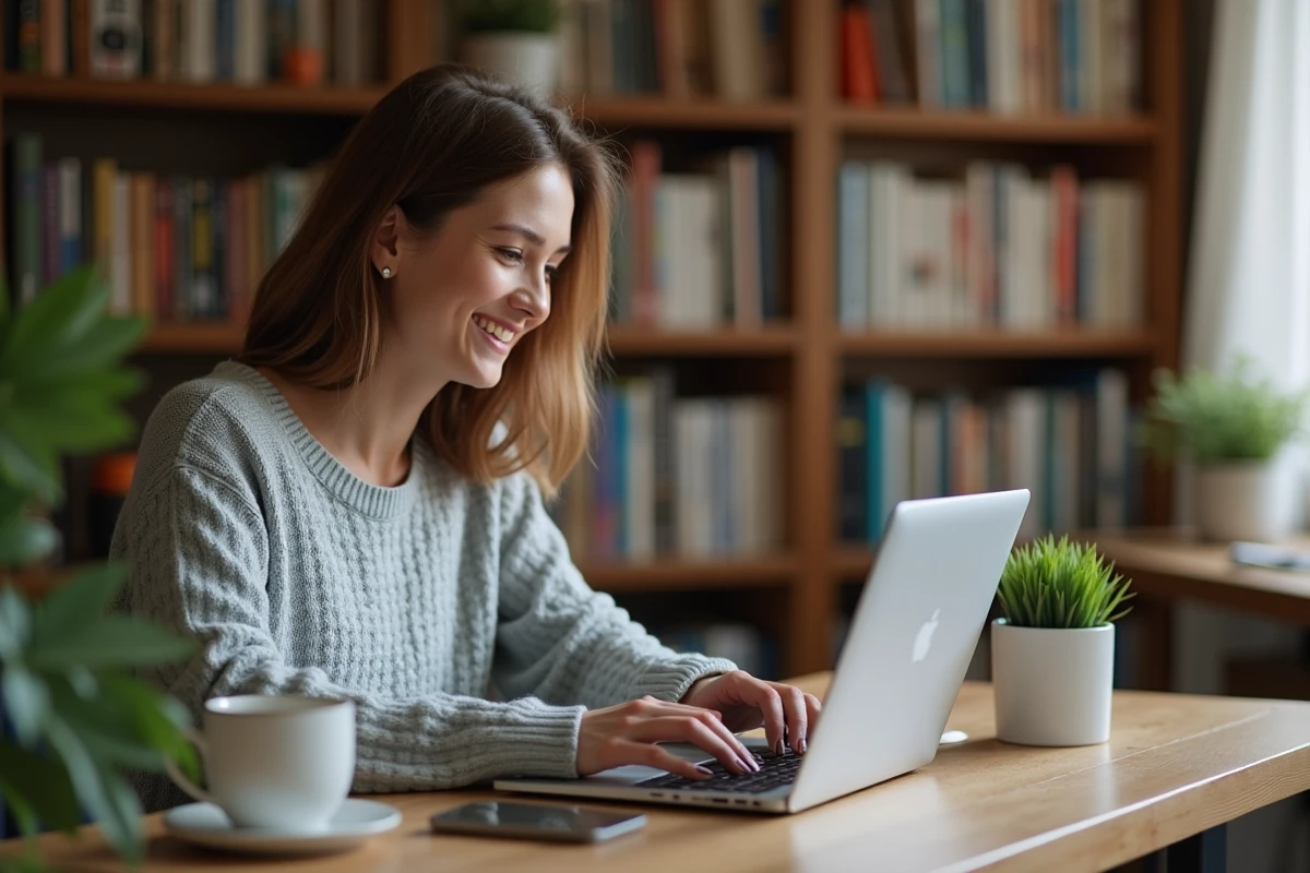 Jeune femme utilisant une plateforme de discussion en ligne par centres d'intérêt sur son ordinateur portable dans un bureau cosy
