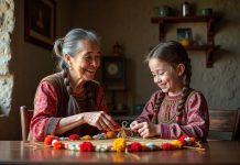 Tradition : pourquoi est-elle importante et quel est son but ? Femme âgée et jeune fille en costume traditionnel tissant des guirlandes