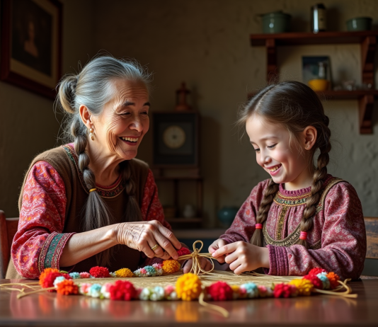 Tradition : pourquoi est-elle importante et quel est son but ? Femme âgée et jeune fille en costume traditionnel tissant des guirlandes
