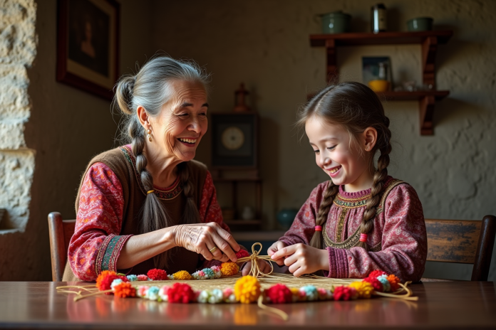 femme-elderly-fille-traditionnelle Femme âgée et jeune fille en costume traditionnel tissant des guirlandes