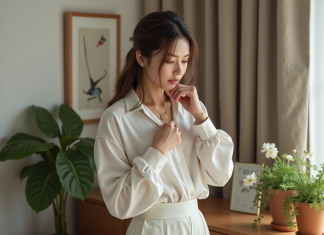 Accessoire ou indispensable ? Les bijoux et leur importance dans votre style Femme élégante ajustant un collier en or dans une chambre chaleureuse