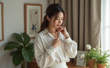 Accessoire ou indispensable ? Les bijoux et leur importance dans votre style Femme élégante ajustant un collier en or dans une chambre chaleureuse