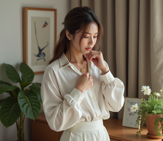 Accessoire ou indispensable ? Les bijoux et leur importance dans votre style Femme élégante ajustant un collier en or dans une chambre chaleureuse