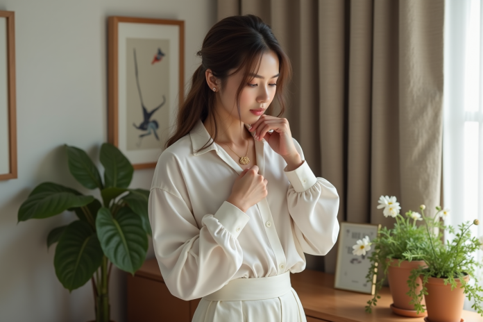 femme-elegante-reflexion-chambre Femme élégante ajustant un collier en or dans une chambre chaleureuse