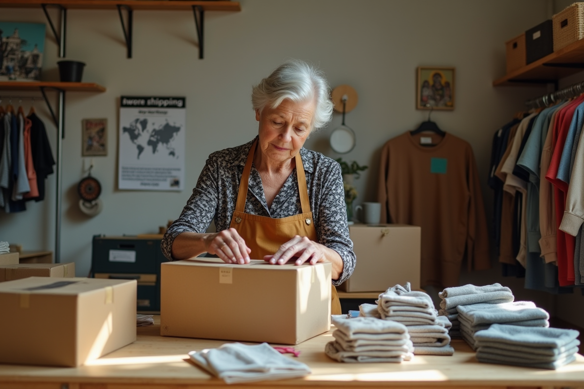 Femme emballant des vêtements streetwear dans un atelier lumineux