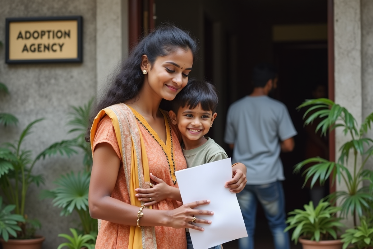 Femme indienne et enfant souriant dehors devant l