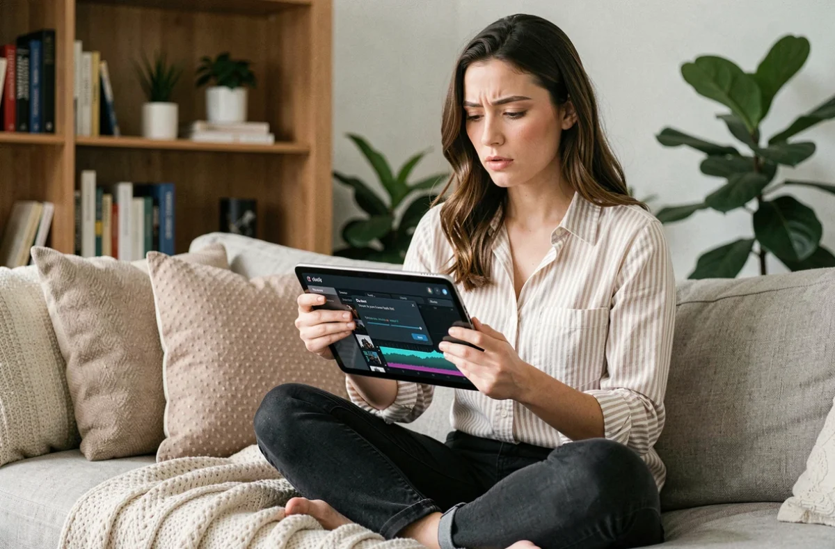 Femme lisant un message d'erreur sur une application de scan musical sur tablette dans son salon
