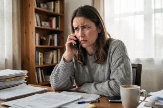 Femme frustrée au téléphone avec le service client depuis son bureau à domicile
