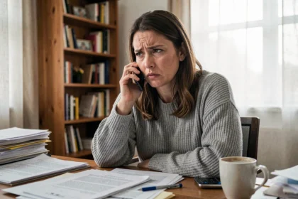 Femme frustrée au téléphone avec le service client depuis son bureau à domicile