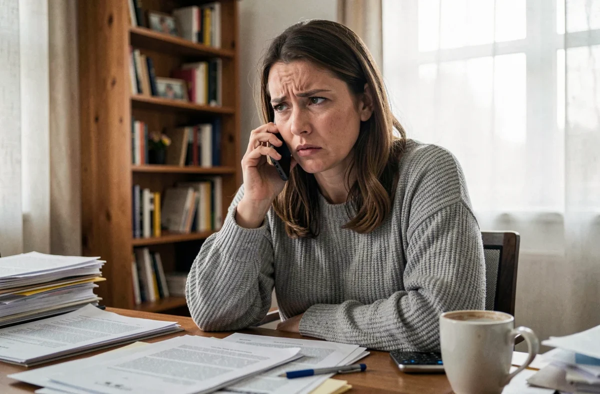 Femme frustrée au téléphone avec le service client depuis son bureau à domicile