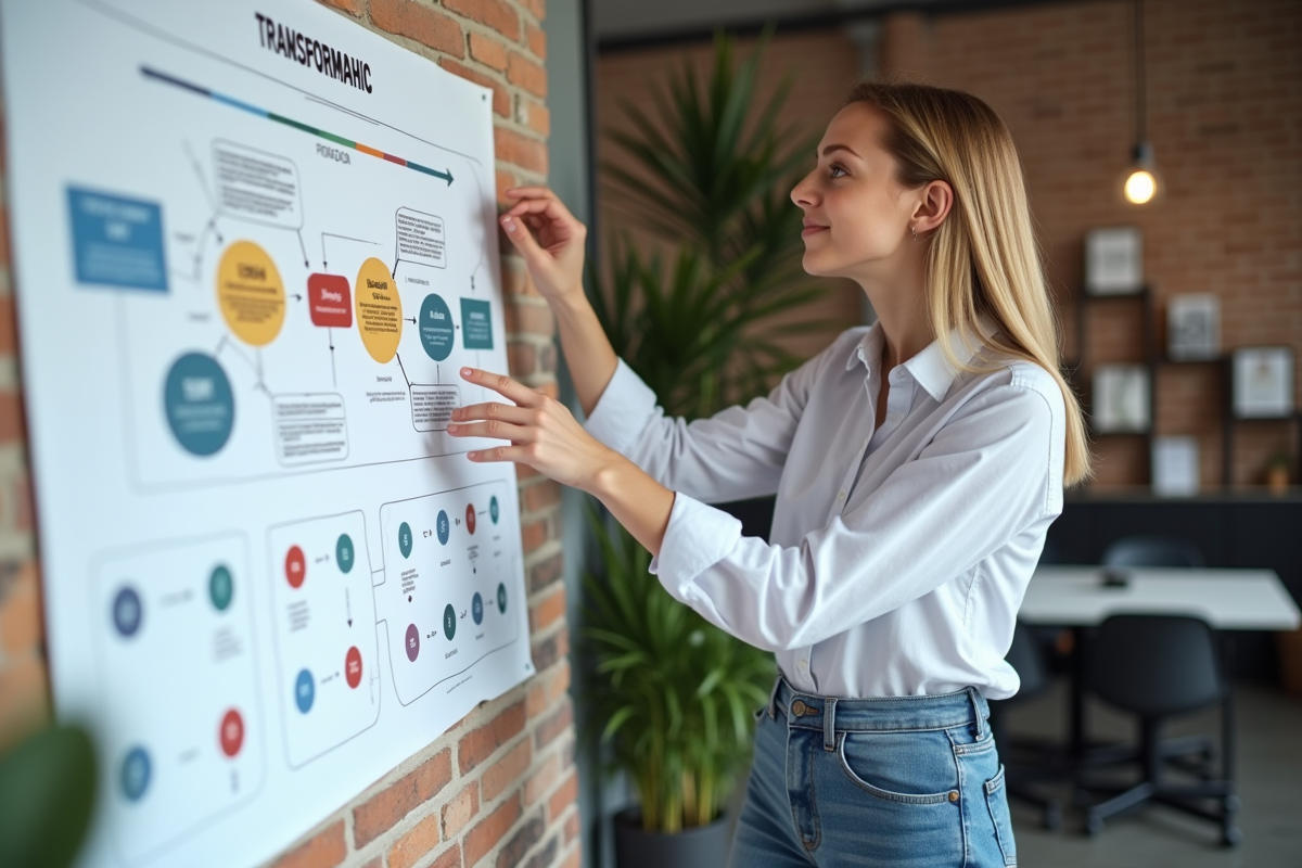 Jeune femme pointant une infographie dans un espace moderne