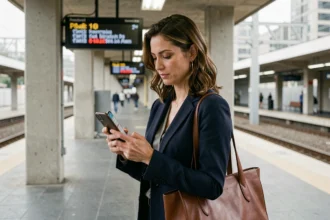 Femme professionnelle consultant les horaires de train sur smartphone sur un quai de gare urbaine lors de son trajet domicile-travail
