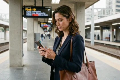 Femme professionnelle consultant les horaires de train sur smartphone sur un quai de gare urbaine lors de son trajet domicile-travail