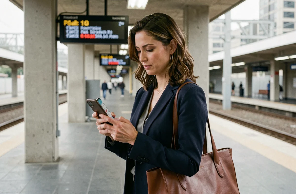 Femme professionnelle consultant les horaires de train sur smartphone sur un quai de gare urbaine lors de son trajet domicile-travail