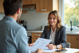 Femme et agent immobilier discutant dans une cuisine lumineuse