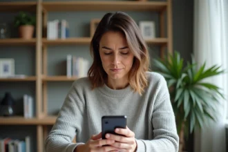 Femme consultant un indicatif téléphonique international sur son smartphone à son bureau