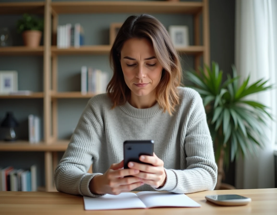 Femme consultant un indicatif téléphonique international sur son smartphone à son bureau