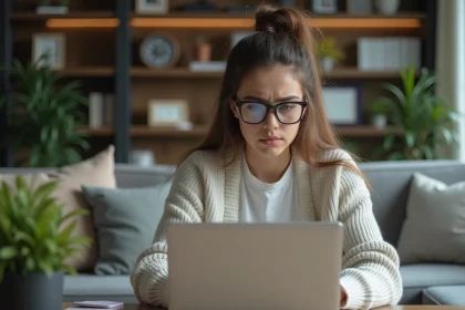 Jeune femme inquiète devant son ordinateur à la maison