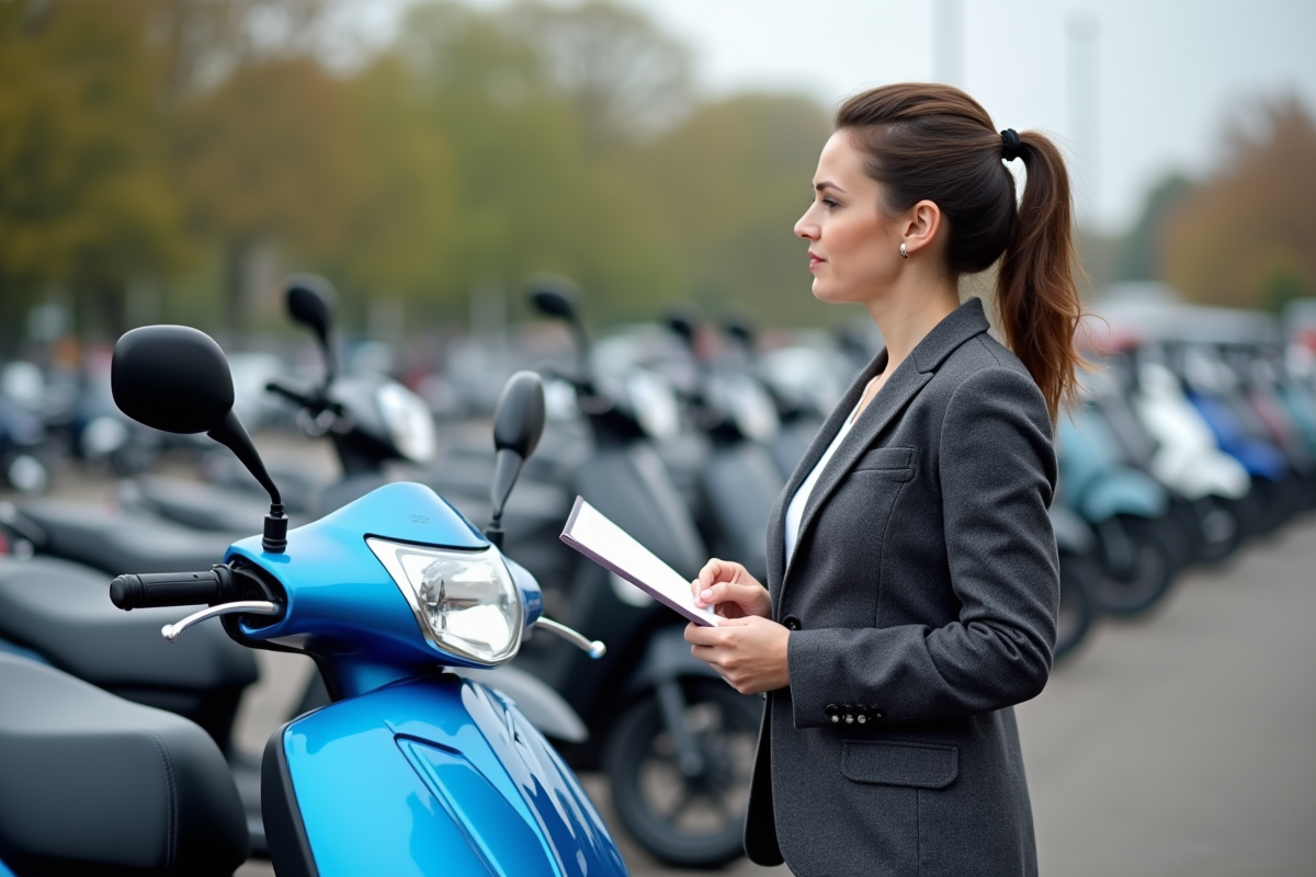 Femme inspectant une moto bleue 50cc dans un lot de concession