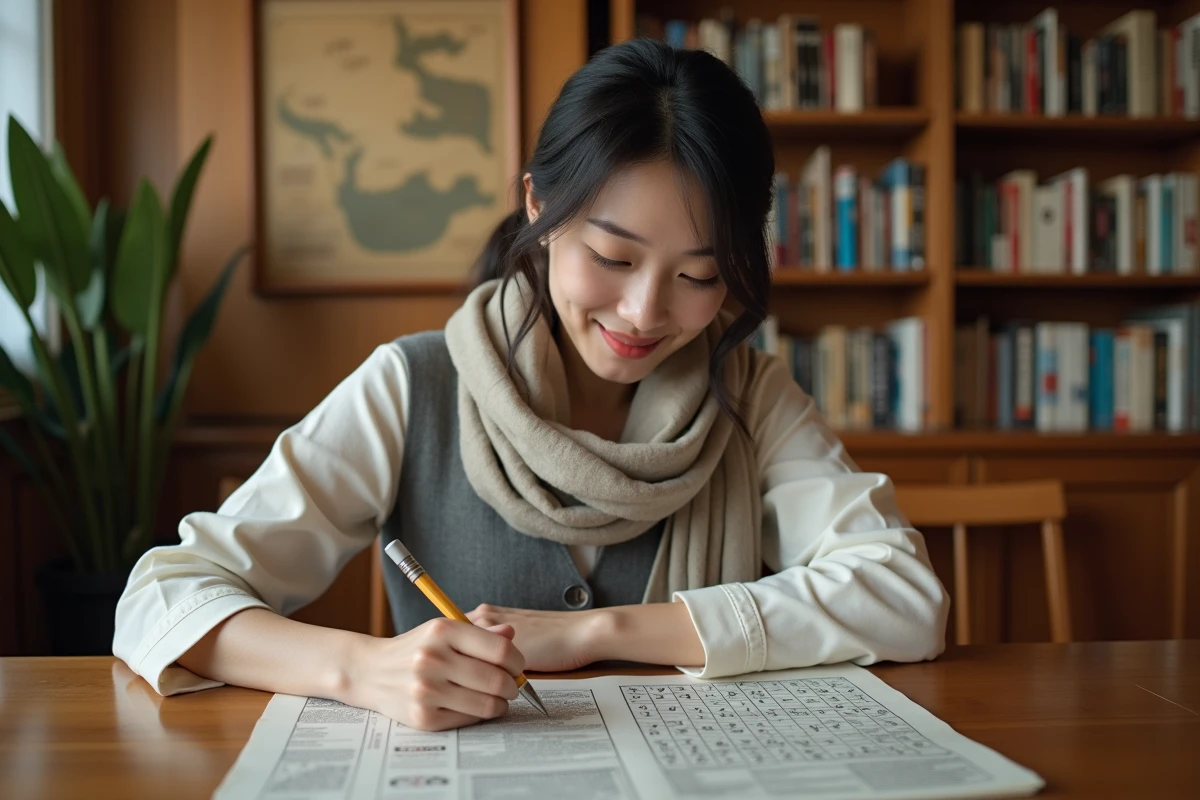Femme japonaise lisant un crossword dans une bibliothèque chaleureuse