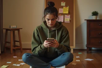Jeune femme jouant à Rooms and Exits sur smartphone dans une ambiance escape room à domicile