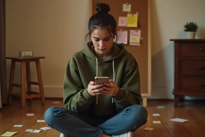 Jeune femme jouant à Rooms and Exits sur smartphone dans une ambiance escape room à domicile
