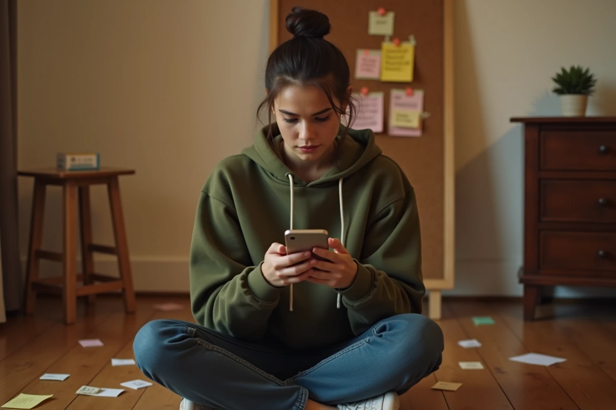 Jeune femme jouant à Rooms and Exits sur smartphone dans une ambiance escape room à domicile