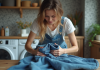 Femme pliant un jean en denim dans la buanderie