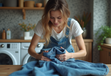 Fréquence idéale pour laver un jean : astuces et conseils pratiques Femme pliant un jean en denim dans la buanderie
