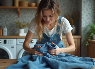 Femme pliant un jean en denim dans la buanderie
