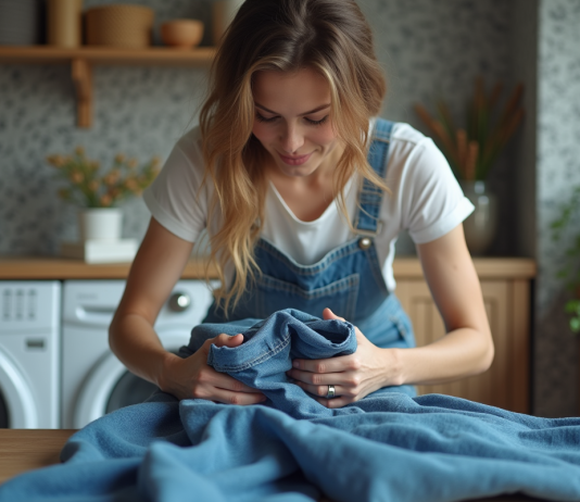 Fréquence idéale pour laver un jean : astuces et conseils pratiques Femme pliant un jean en denim dans la buanderie