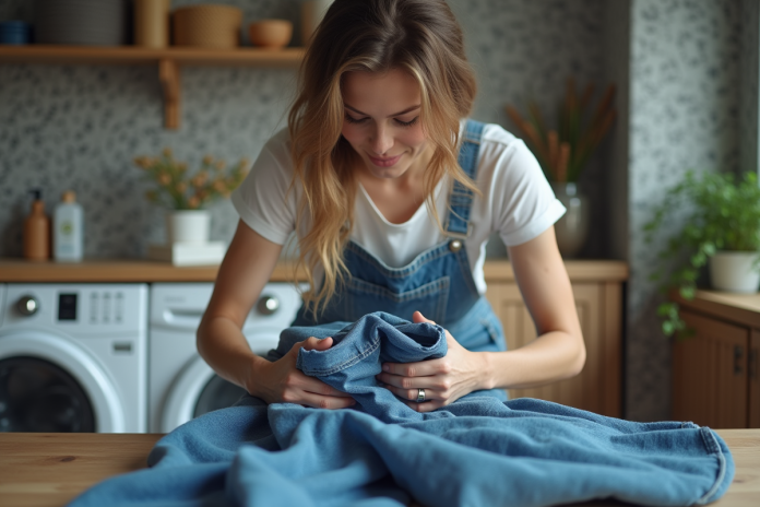 Femme pliant un jean en denim dans la buanderie