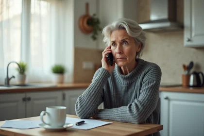 Femme d'âge mûr au téléphone avec une expression méfiante, illustrant une arnaque téléphonique reçue à domicile