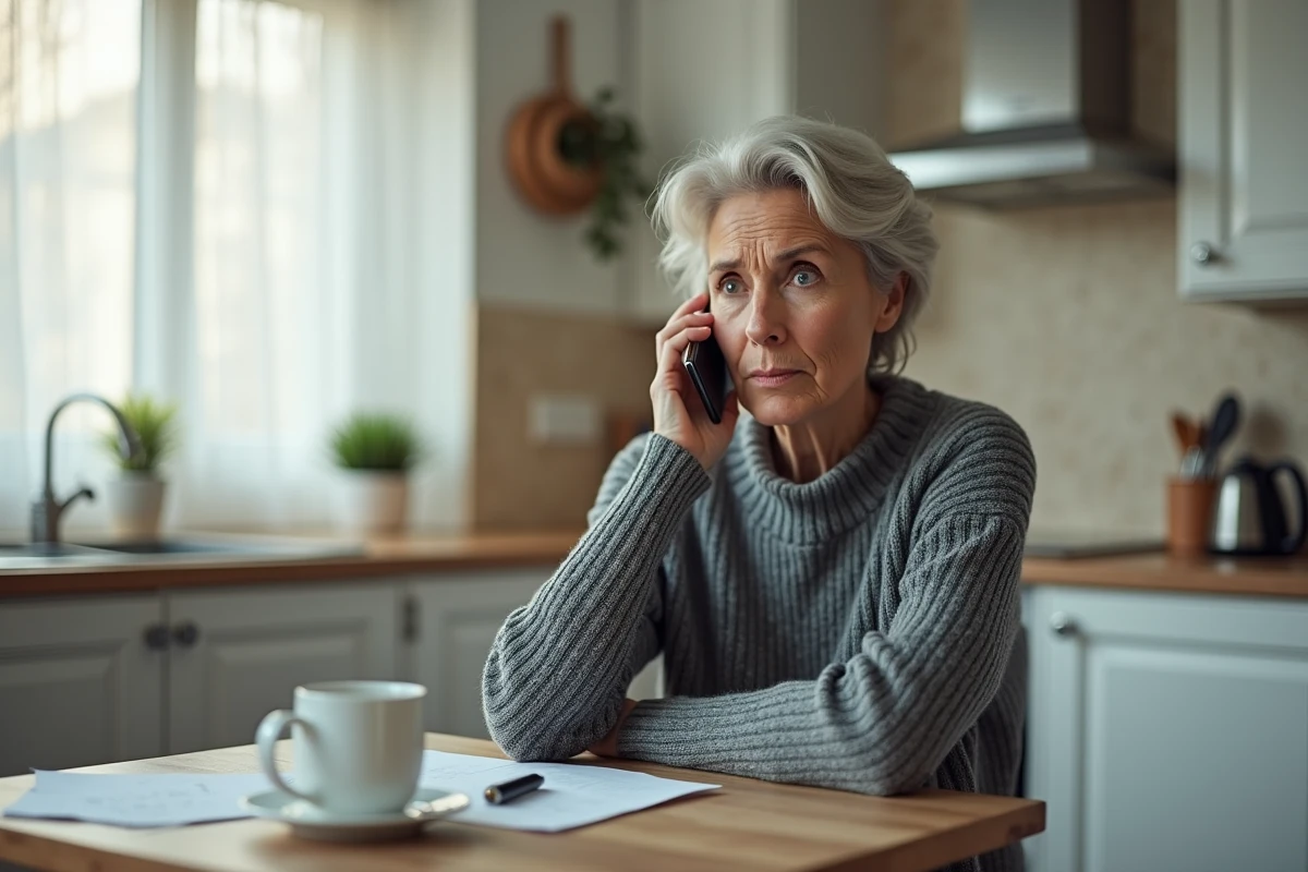 Femme d'âge mûr au téléphone avec une expression méfiante, illustrant une arnaque téléphonique reçue à domicile