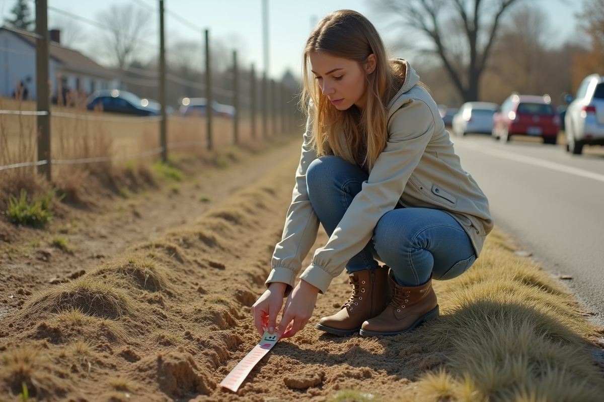 Jeune femme mesurant une limite de terrain avec un ruban
