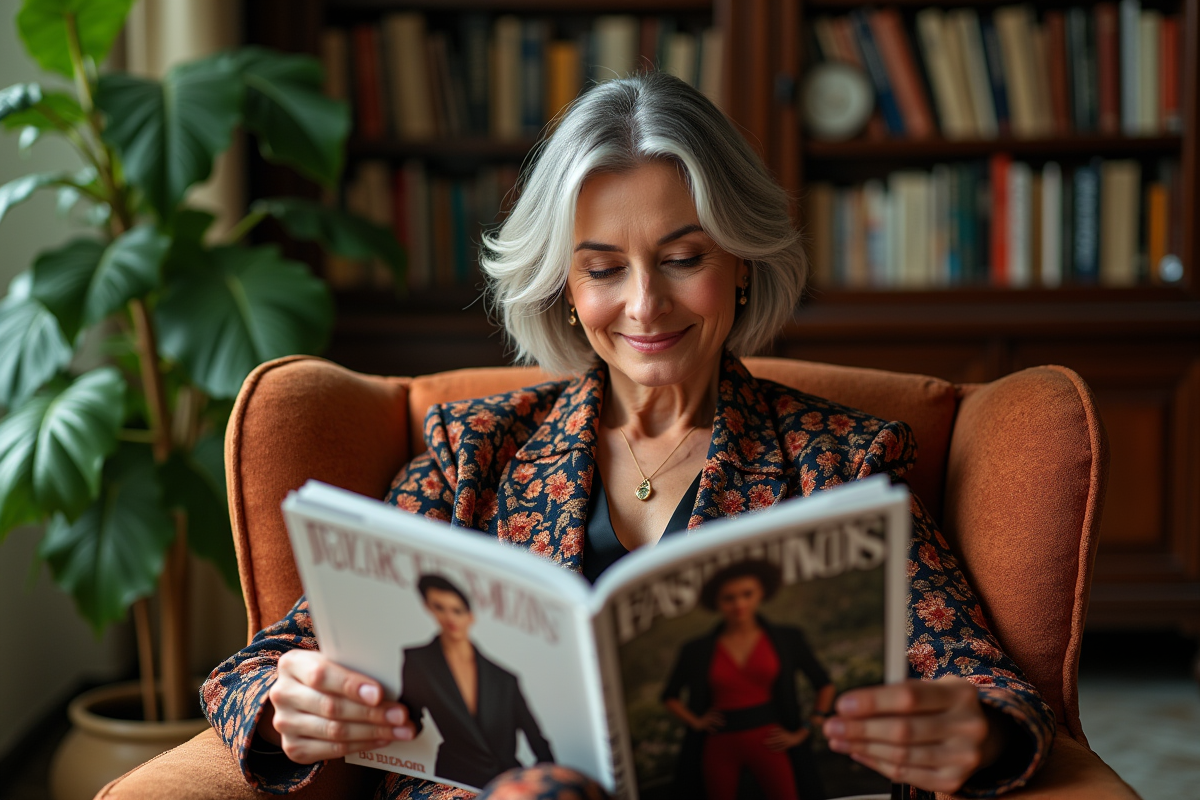 Femme élégante lisant un magazine de mode dans un salon