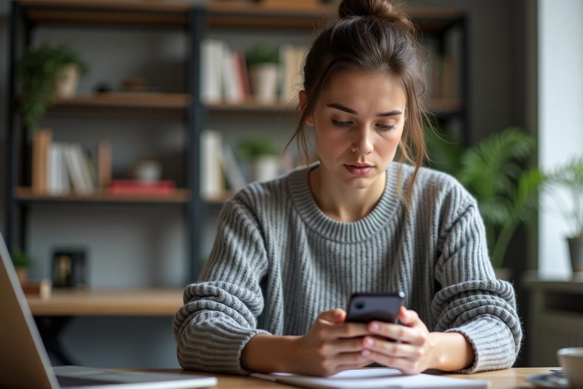 Femme tenant un smartphone affichant un numéro inconnu avec une expression inquiète, assise à un bureau en bois dans un bureau à domicile moderne