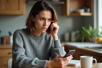 Femme perplexe regardant un numéro de téléphone inconnu sur son smartphone dans une cuisine