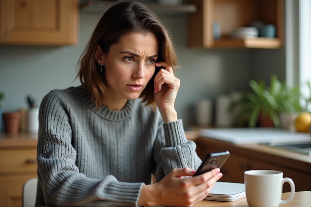 Femme perplexe regardant un numéro de téléphone inconnu sur son smartphone dans une cuisine