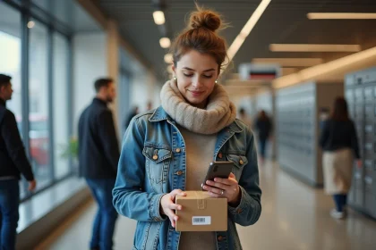Femme en veste en jean dans un bureau de poste moderne