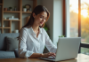Jeune femme professionnelle utilisant un ordinateur pour banque en ligne