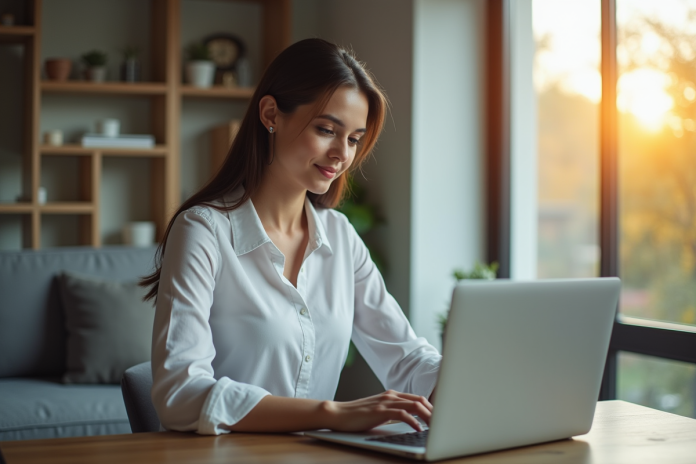 Jeune femme professionnelle utilisant un ordinateur pour banque en ligne