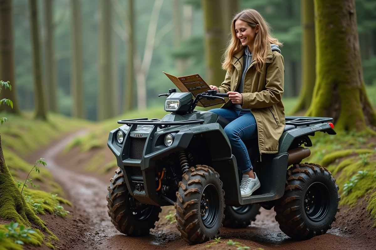 Jeune femme lisant une brochure sur un quad en forêt