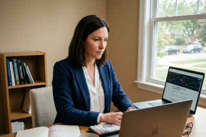 Femme en reconversion professionnelle suivant une formation en ligne pour devenir gestionnaire de patrimoine depuis son bureau à domicile